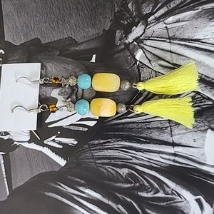 Bohemian Earrings Dangle Yellow Turquoise Tassel Handmade Unique Fall Gift Fun